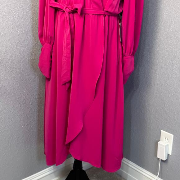 Julia Jordon Pink / Raspberry Long Sleeve Lapel Neck Wrap Midi Dress Size 12 NWT - Picture 4 of 15